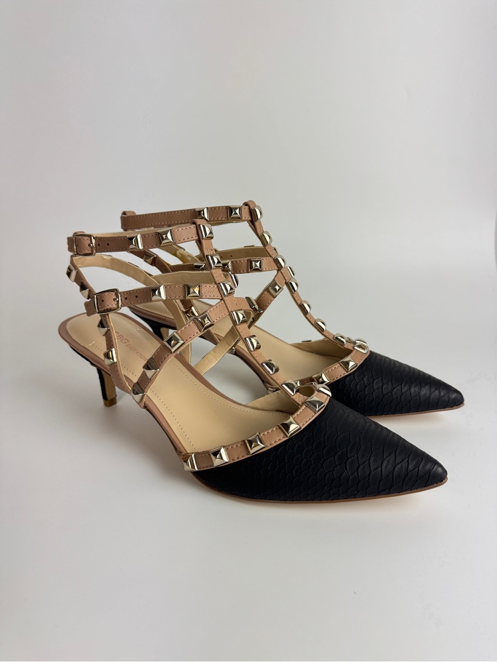 BCBGeneration Black Snake Print Studded Strappy Heel Sandals